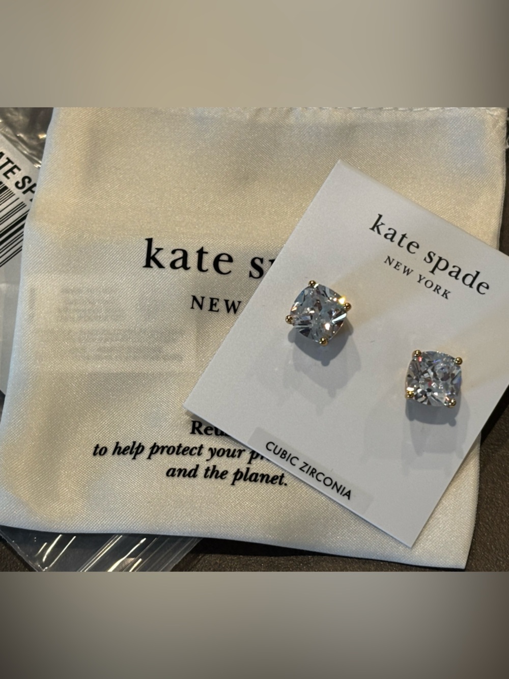 Kate Spade New York Mini Square Stud CZ Gold Post Earrings with Silk Bag